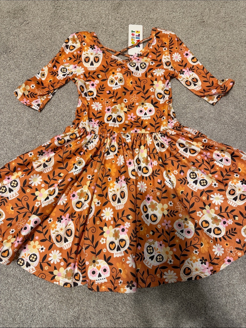 Dot dot smile girls Orange Day of the Dead Skull Floral Twirl Dress 5/6